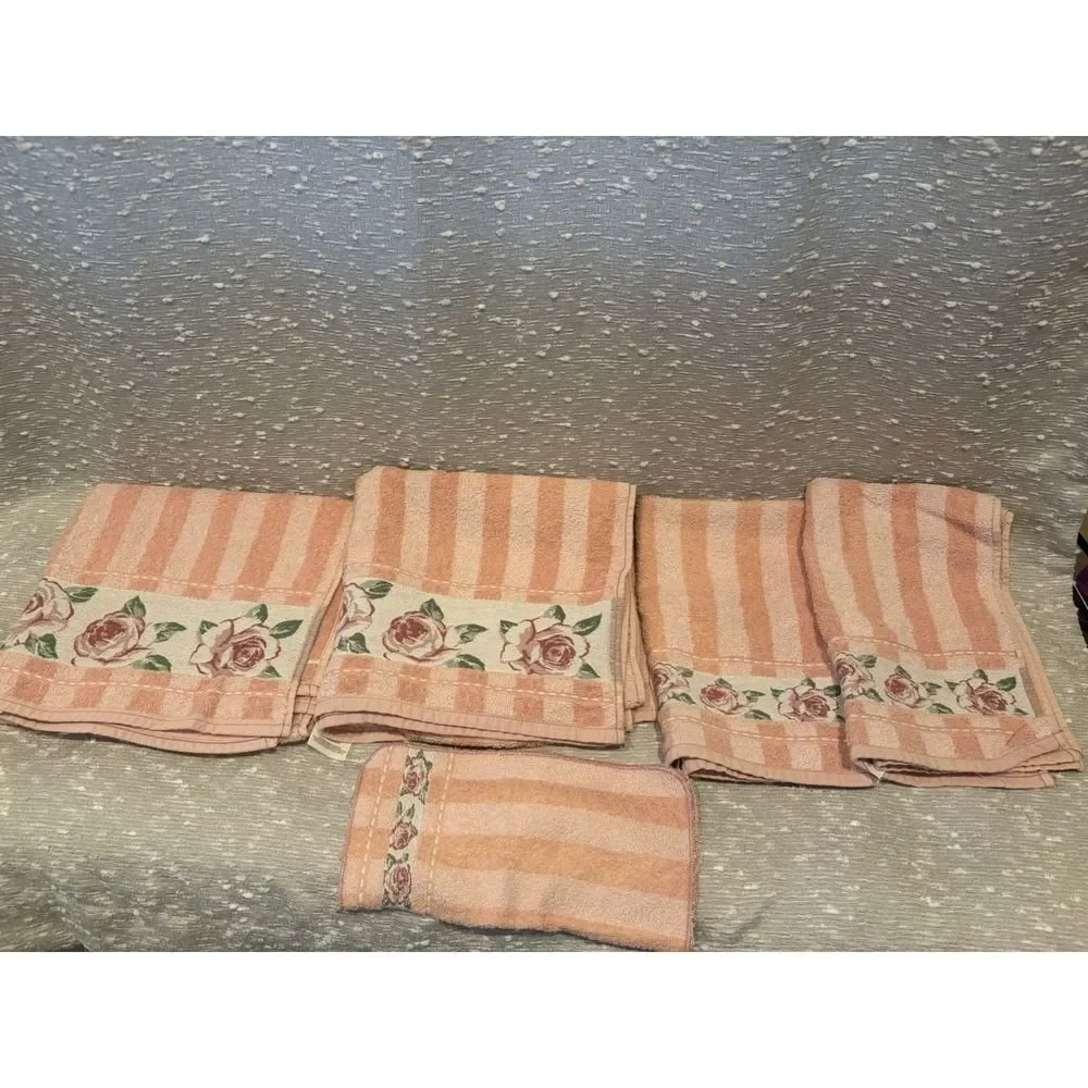 Priority Santans BathSetTowels (5)Pieces‎ PinkFloral Cotton NWOT